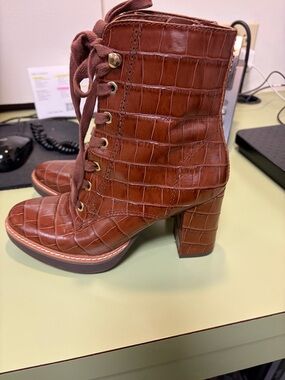 Naturalizer Croc-Embossed Lace-Up Block Heel Boots in Cognac Brown